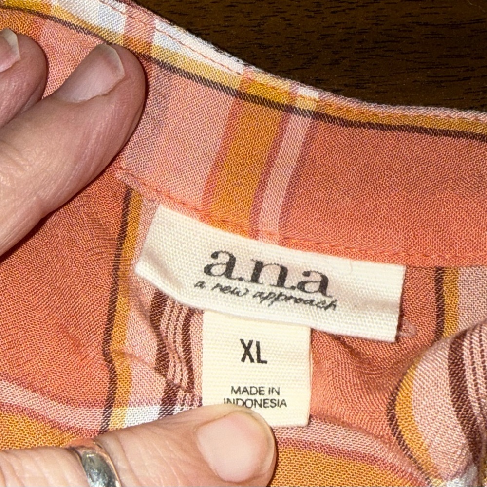 a.n.a Peach Plaid Twist Front Button Blouse XL Boho Summer Top - Picture 5 of 7